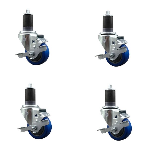 Service Caster 3'' Blue Poly Swivel 1-5/8'' Expanding Stem Caster Set with Brake, 4PK SCC-EX20S314-PPUB-BLUE-TLB-158-4 - main
